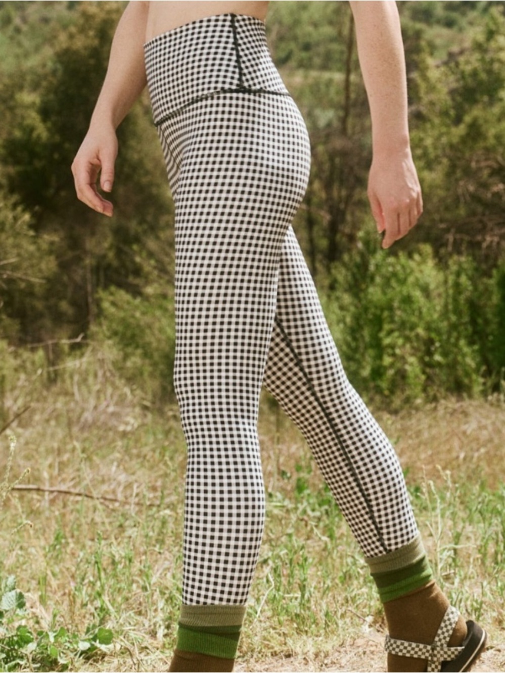 THE GREAT. Black and White Gingham High-Waist Leggings